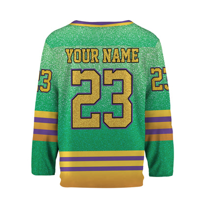 Custom Mardi Gras Printed Glitter Green Hockey Jersey