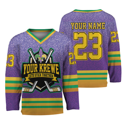 Custom Mardi Gras Printed Glitter Purple Hockey Jersey