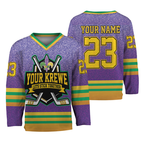 Custom Mardi Gras Printed Glitter Purple Hockey Jersey