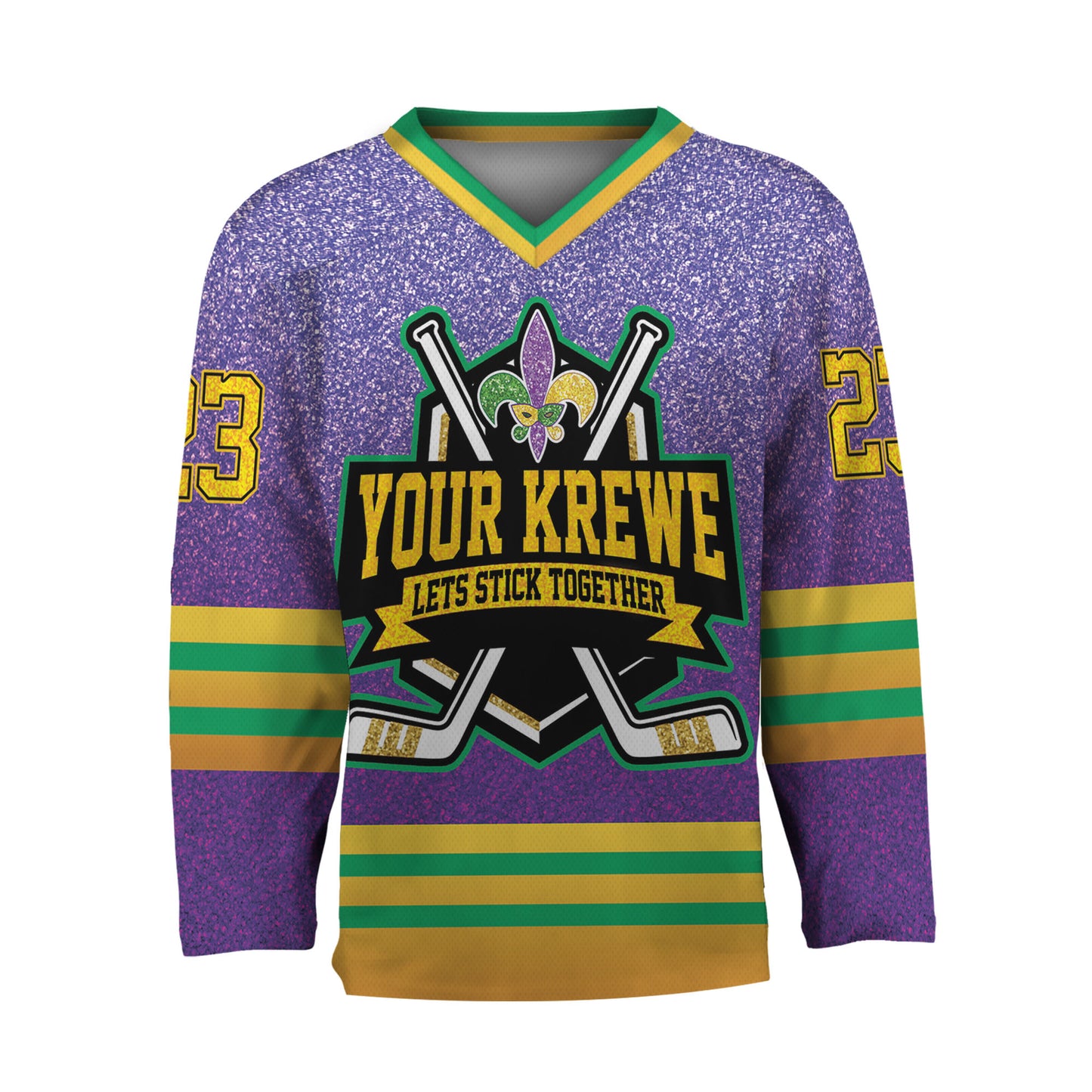 Custom Mardi Gras Printed Glitter Purple Hockey Jersey