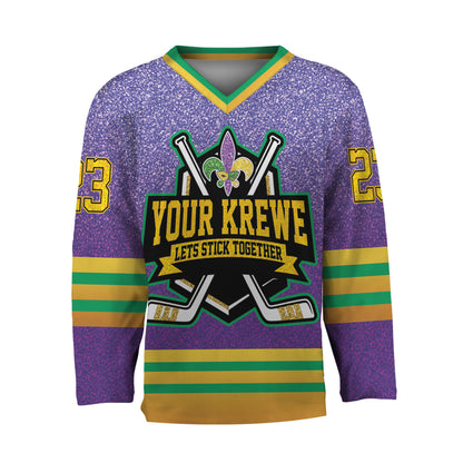 Custom Mardi Gras Printed Glitter Purple Hockey Jersey