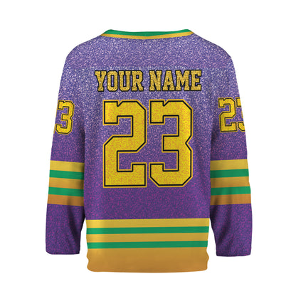 Custom Mardi Gras Printed Glitter Purple Hockey Jersey