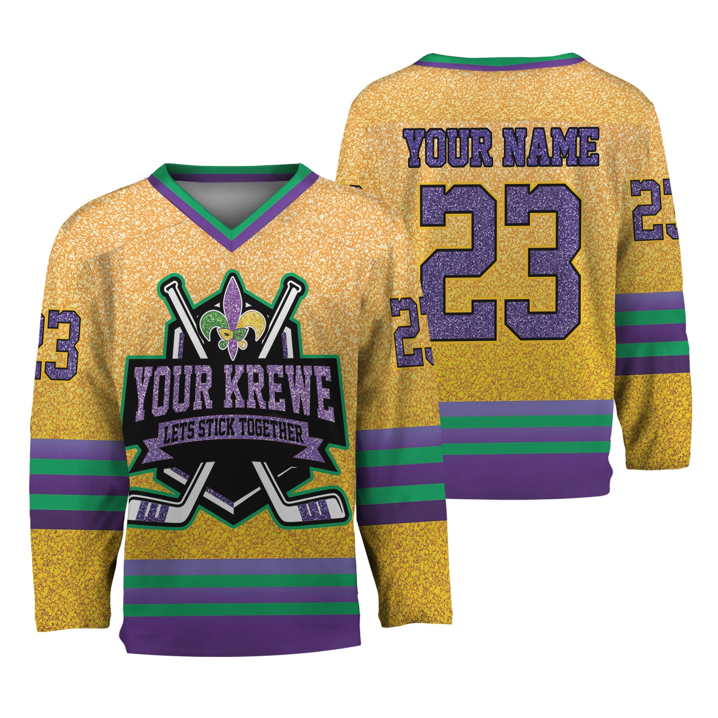 Custom Mardi Gras Printed Glitter Yellow Hockey Jersey