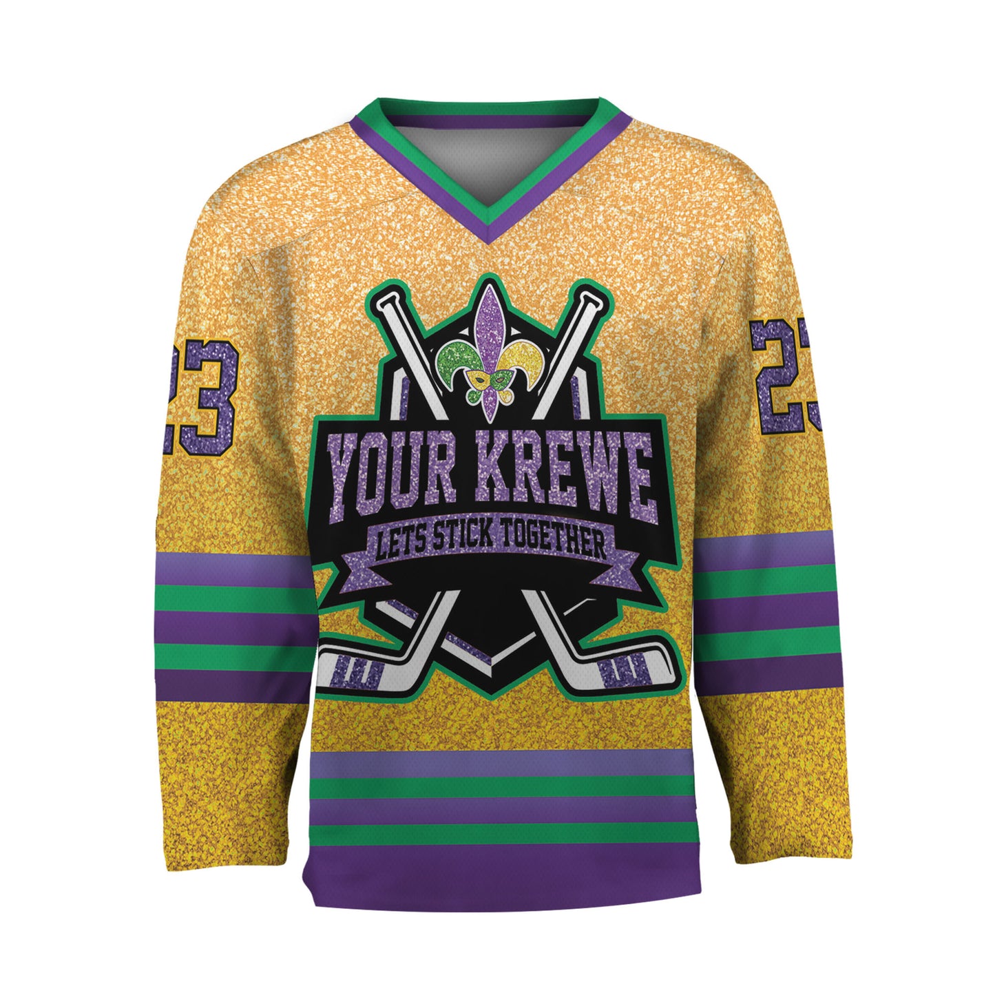 Custom Mardi Gras Printed Glitter Yellow Hockey Jersey