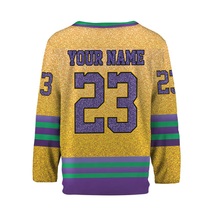 Custom Mardi Gras Printed Glitter Yellow Hockey Jersey