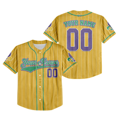 Custom Yellow Mardi Gras Printed Glitter Baseball Jersey