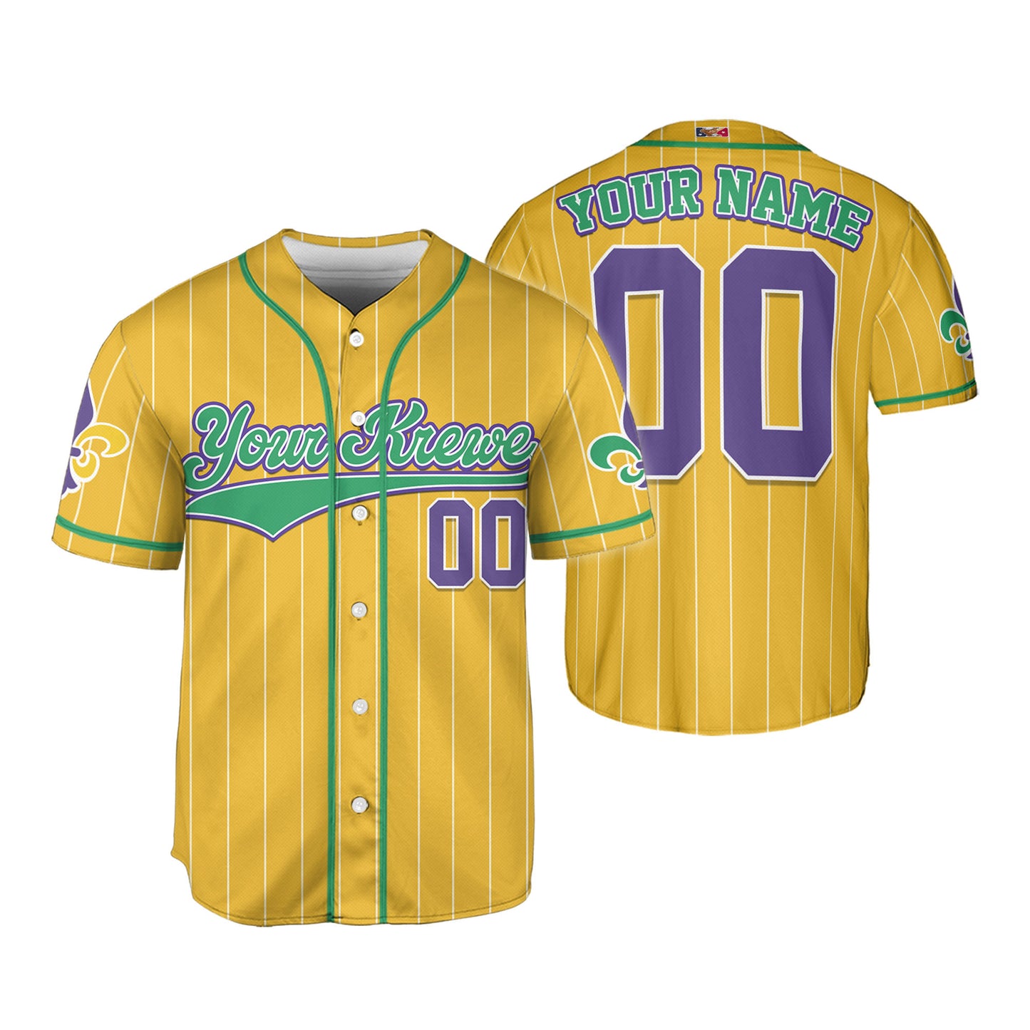 Custom Yellow Mardi Gras Printed Glitter Baseball Jersey
