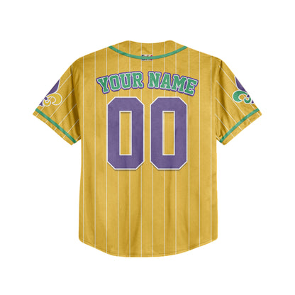 Custom Yellow Mardi Gras Printed Glitter Baseball Jersey