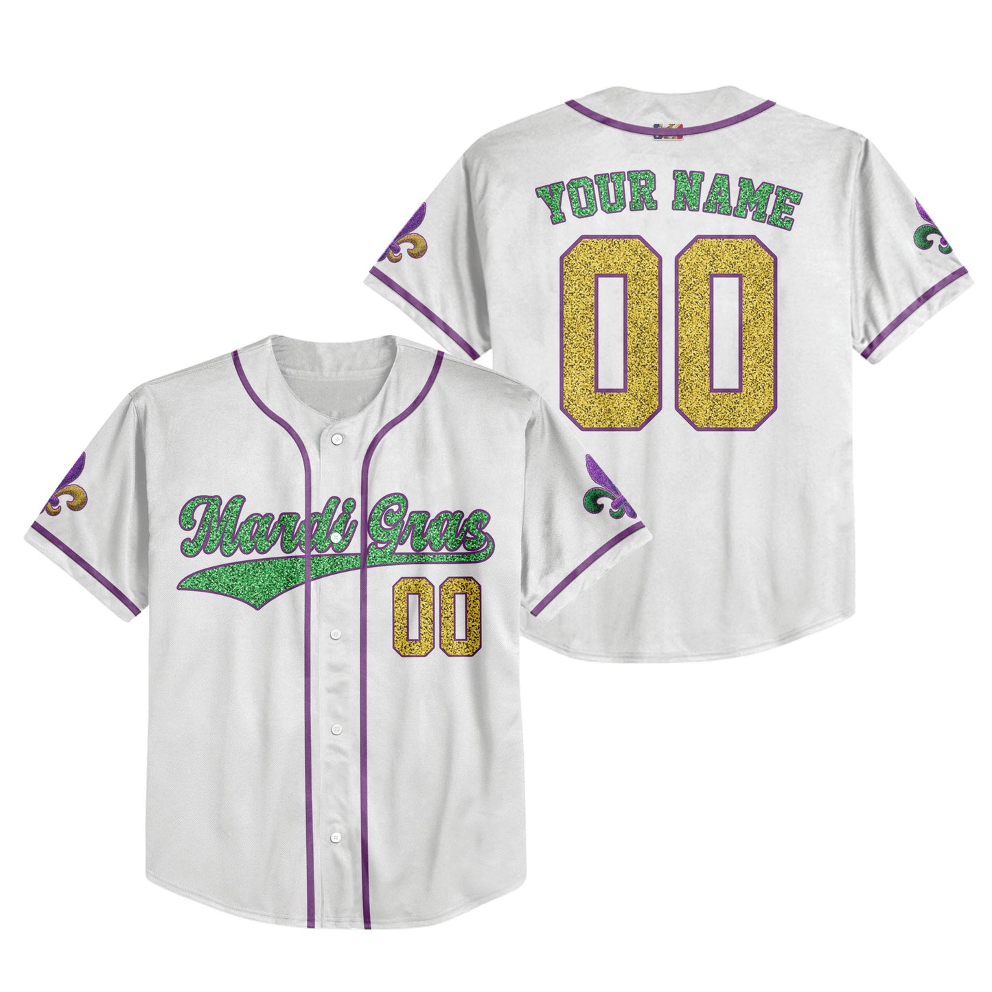 Custom White Mardi Gras Printed Glitter Baseball Jersey