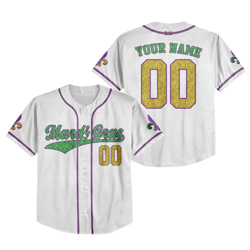 Custom White Mardi Gras Printed Glitter Baseball Jersey