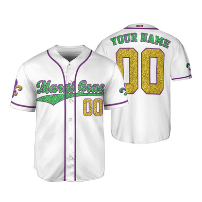 Custom White Mardi Gras Printed Glitter Baseball Jersey