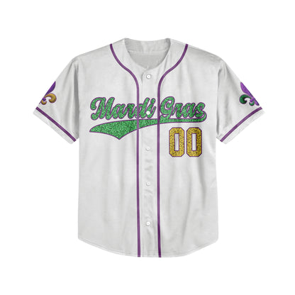 Custom White Mardi Gras Printed Glitter Baseball Jersey