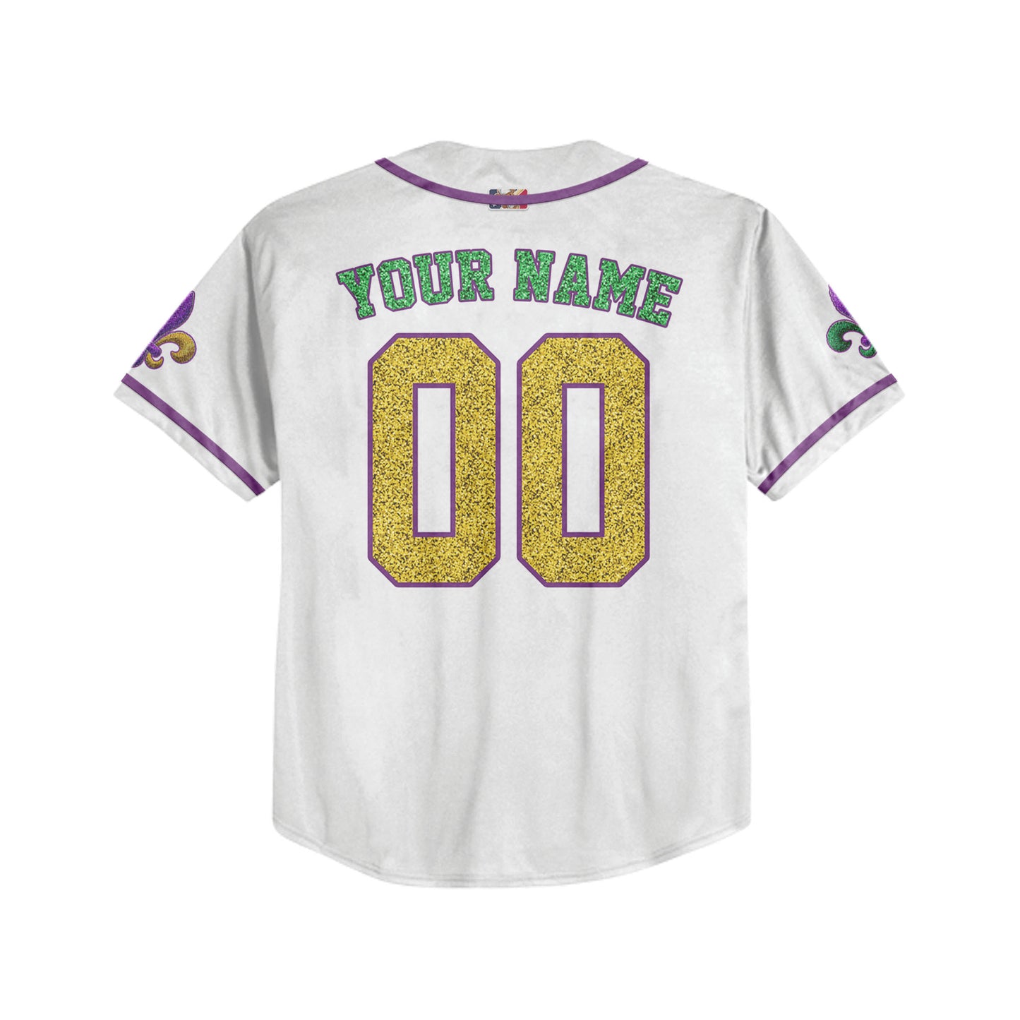Custom White Mardi Gras Printed Glitter Baseball Jersey