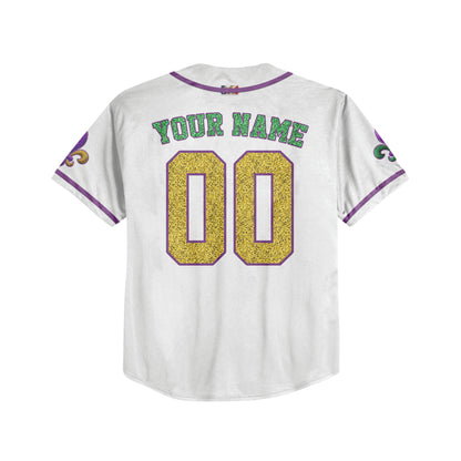 Custom White Mardi Gras Printed Glitter Baseball Jersey