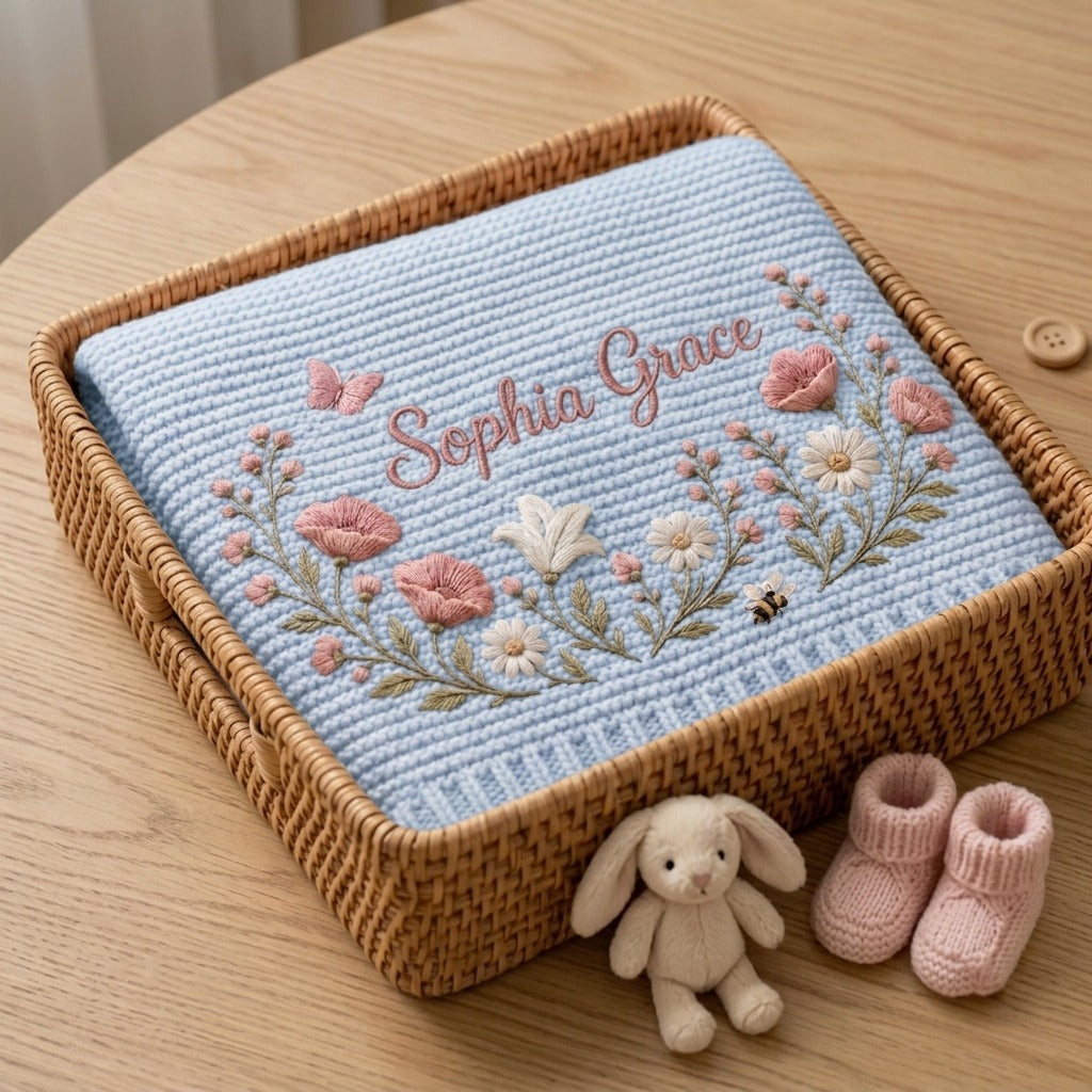 Personalized Embroidery Wildflower Baby Blanket Name