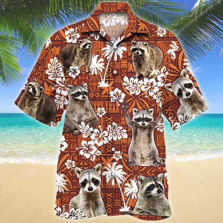 Funny Raccoon On Red Tribal Hawaiian Shirt, Summer Hawaiian shirt men HO1711