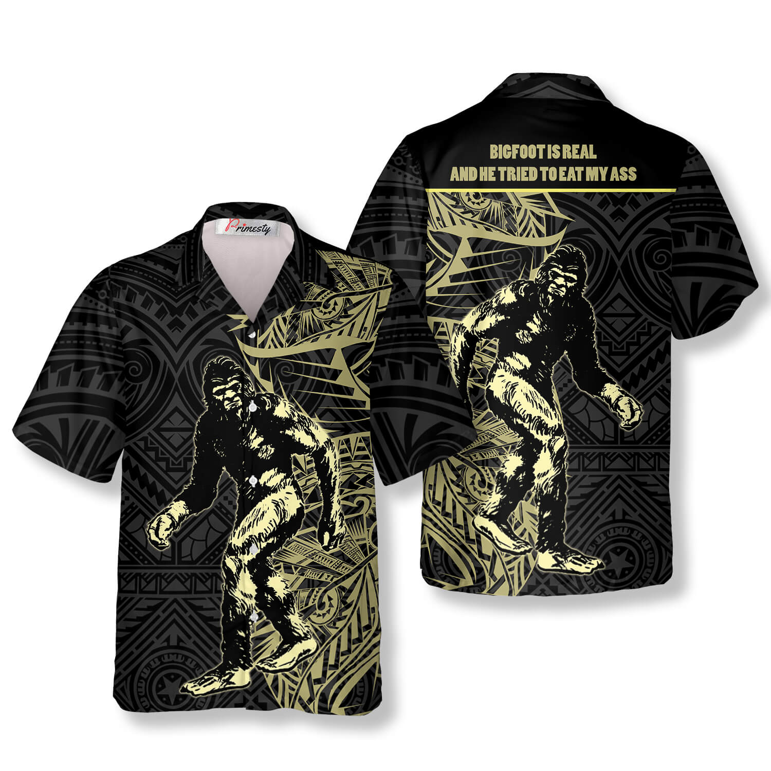 Golden Tribal Big Foot Is Real Bigfoot Hawaiian Shirts - Primesty
