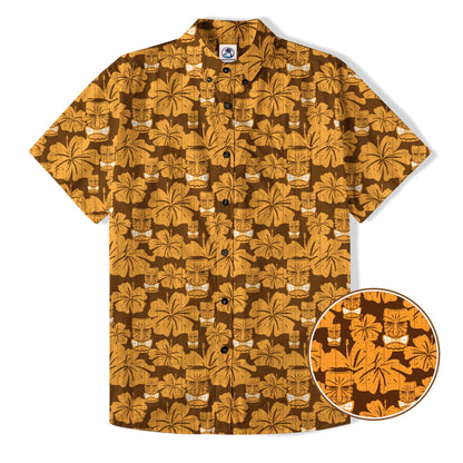 Tiki Mask Pattern Hawaiian Shirt, Tribal Tiki Hibiscus Pattern Hawaiian Shirt