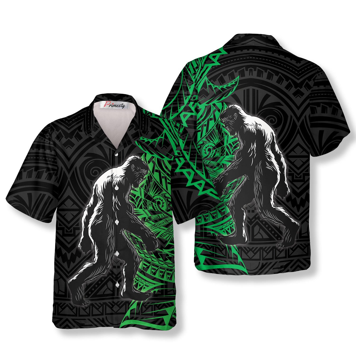 In The Woods Green Tribal Bigfoot Hawaiian Shirts - Primesty