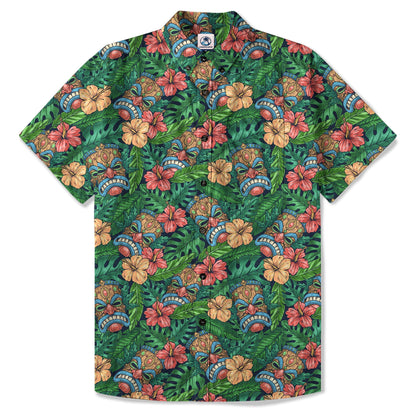 Tribal Tiki Hawaiian Shirt, Tiki Hibuscus Flowers Aloha Hawaii Shirt