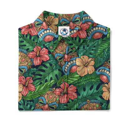 Tribal Tiki Hawaiian Shirt, Tiki Hibuscus Flowers Aloha Hawaii Shirt