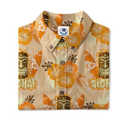 Tribal Tiki Hawaiian Shirt, Tiki Hibuscus Flowers Aloha Hawaii Shirt