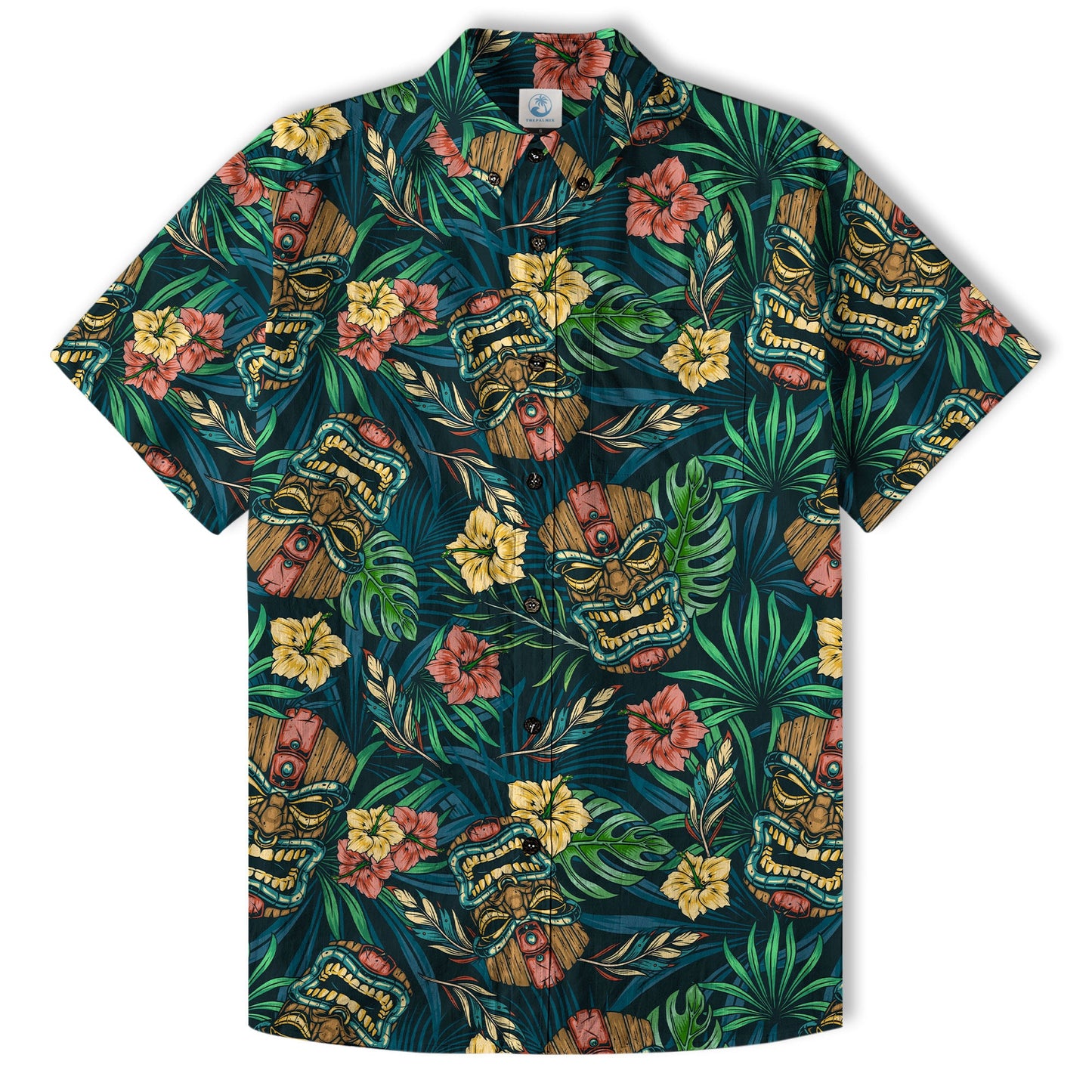 Tropical Tiki Mask Hawaiian Shirts, Flamingo Hawaii Button Down Shirt