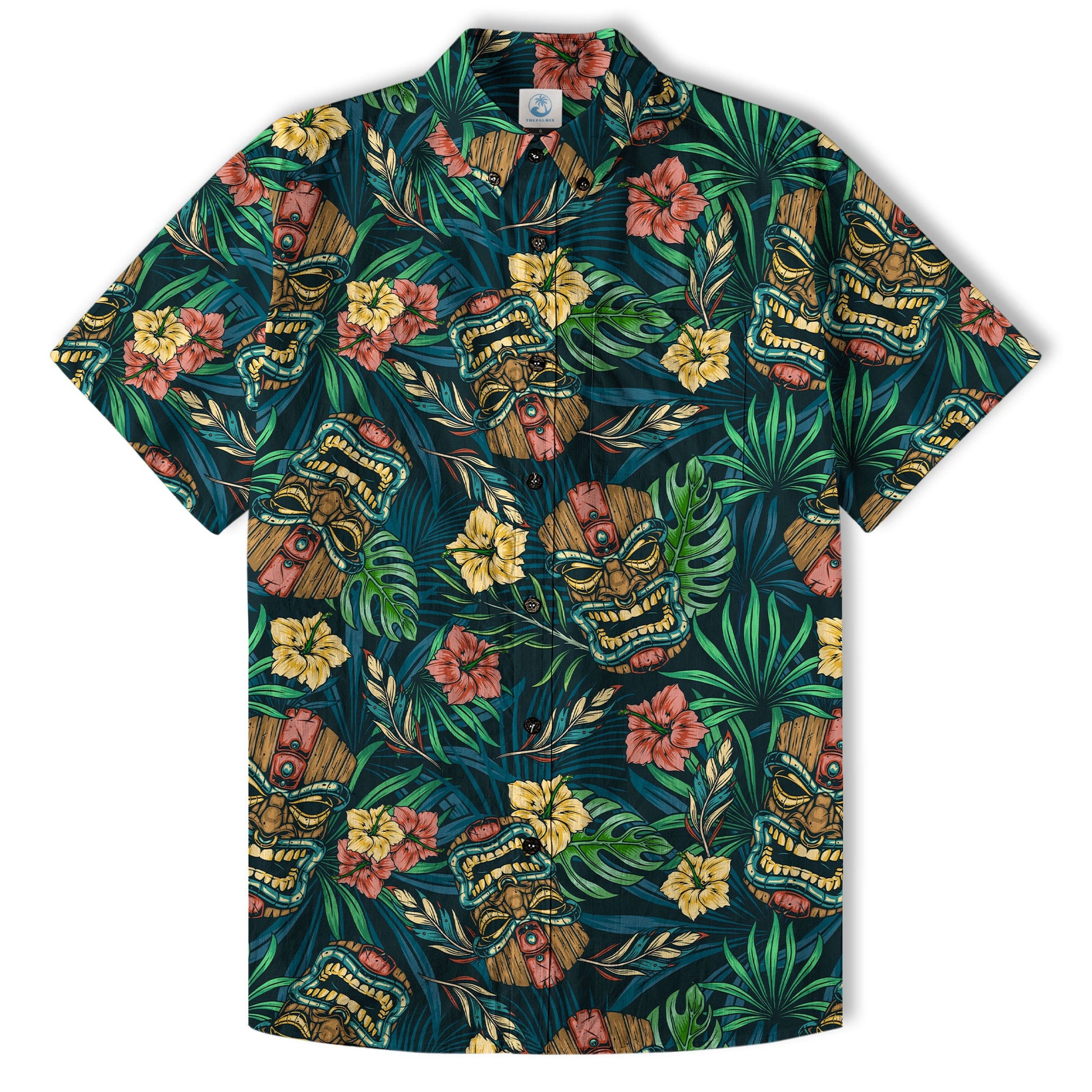 Tropical Tiki Mask Hawaiian Shirts, Flamingo Hawaii Button Down Shirt