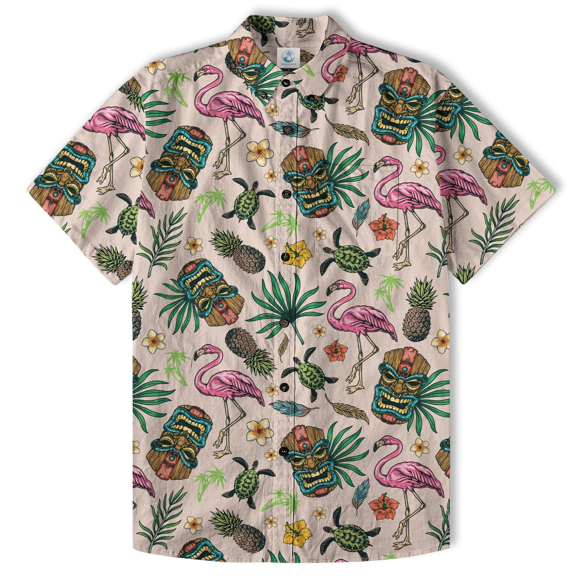 Tropical Tiki Mask Hawaiian Shirts, Flamingo Hawaii Button Down Shirt