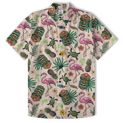 Tropical Tiki Mask Hawaiian Shirts, Flamingo Hawaii Button Down Shirt