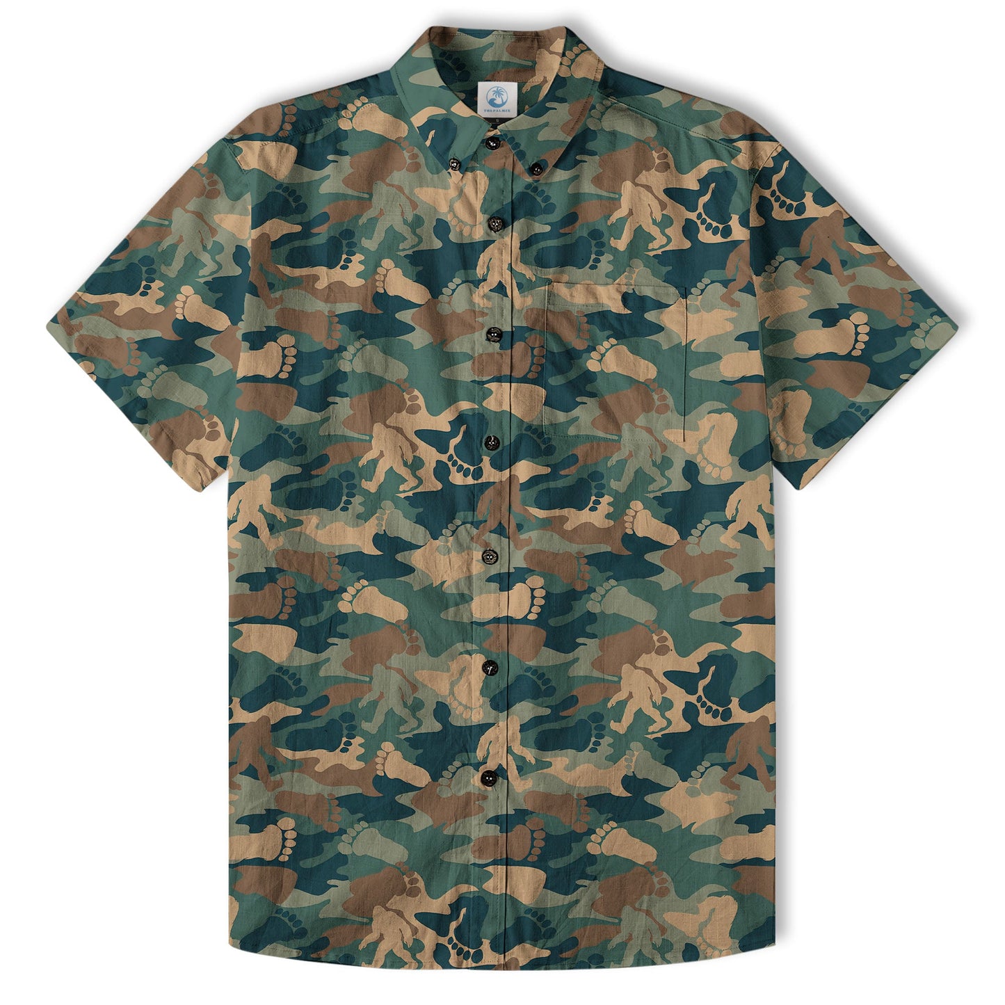 Camo Bigfoot Hibiscus Sasquatch Summer Beach Aloha Short Sleeve Button Down Hawaiian Shirt