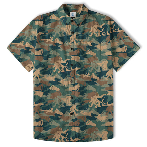 Camo Bigfoot Hibiscus Sasquatch Summer Beach Aloha Short Sleeve Button Down Hawaiian Shirt