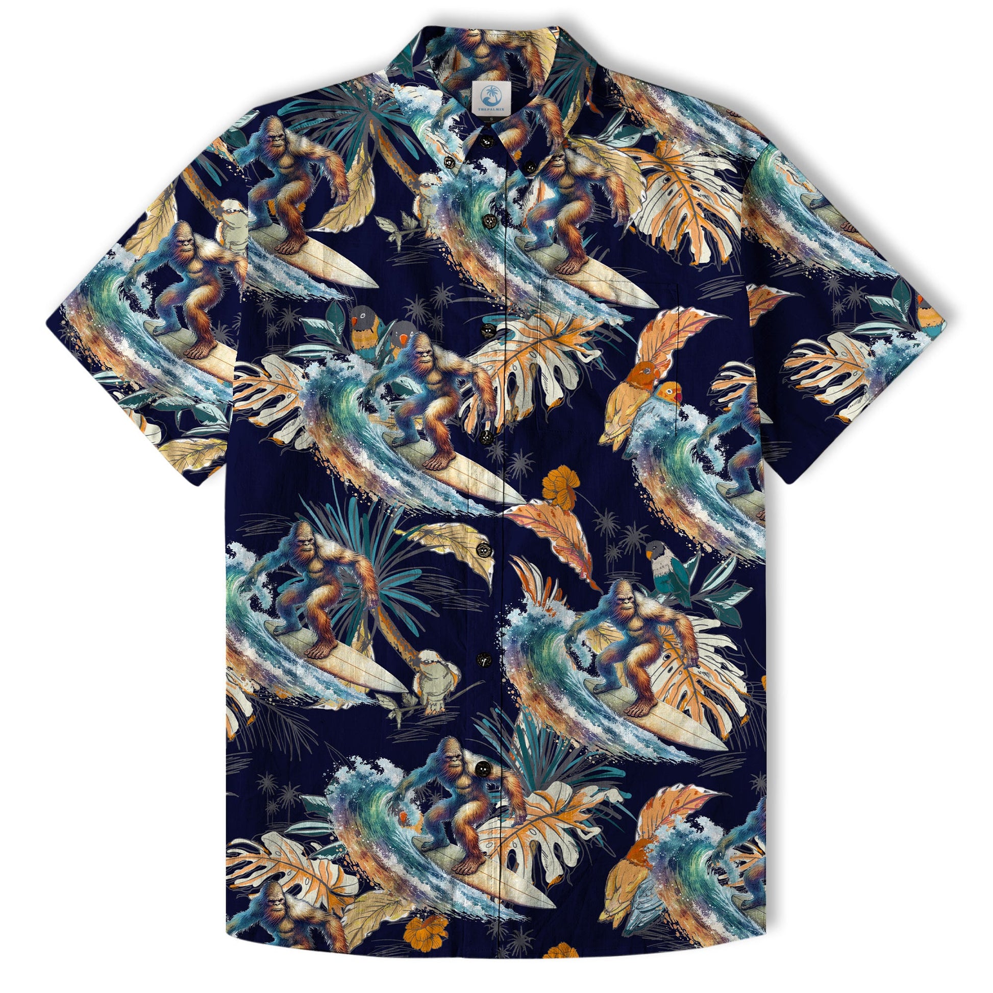 Camo Bigfoot Hibiscus Sasquatch Summer Beach Aloha Short Sleeve Button Down Hawaiian Shirt