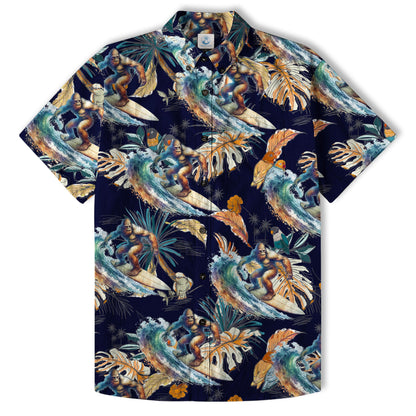 Camo Bigfoot Hibiscus Sasquatch Summer Beach Aloha Short Sleeve Button Down Hawaiian Shirt
