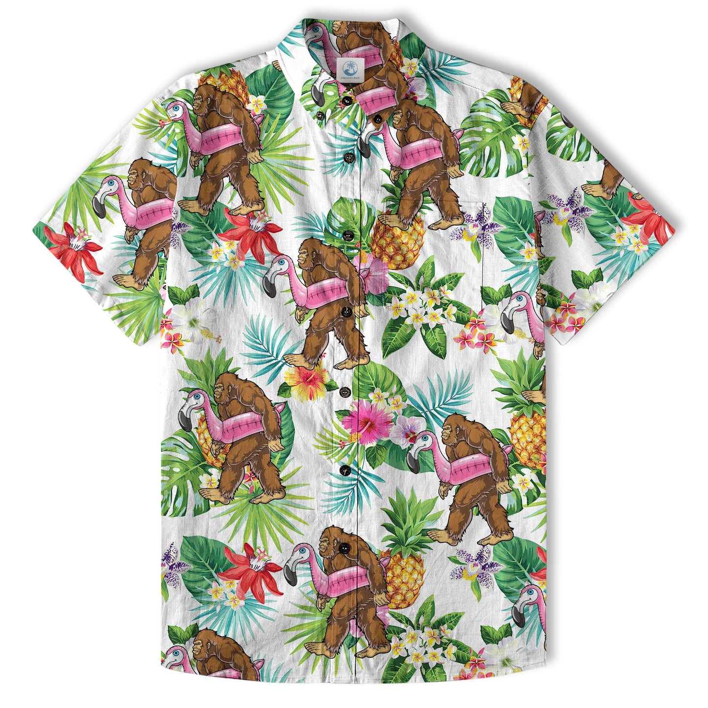 Camo Bigfoot Hibiscus Sasquatch Summer Beach Aloha Short Sleeve Button Down Hawaiian Shirt
