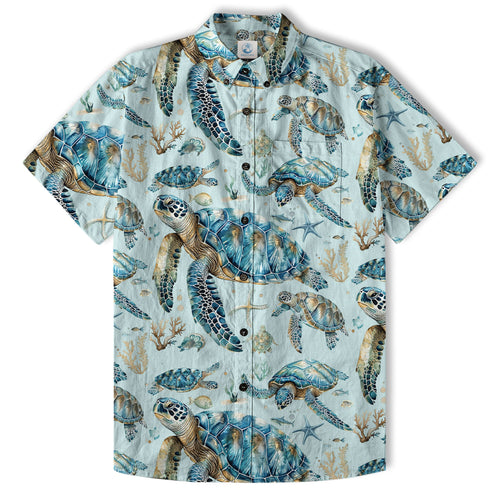 Blue Tribal Sea Turtle Hawaiian Shirt, Aloha Tropical Summer Beach Button Up Shirt