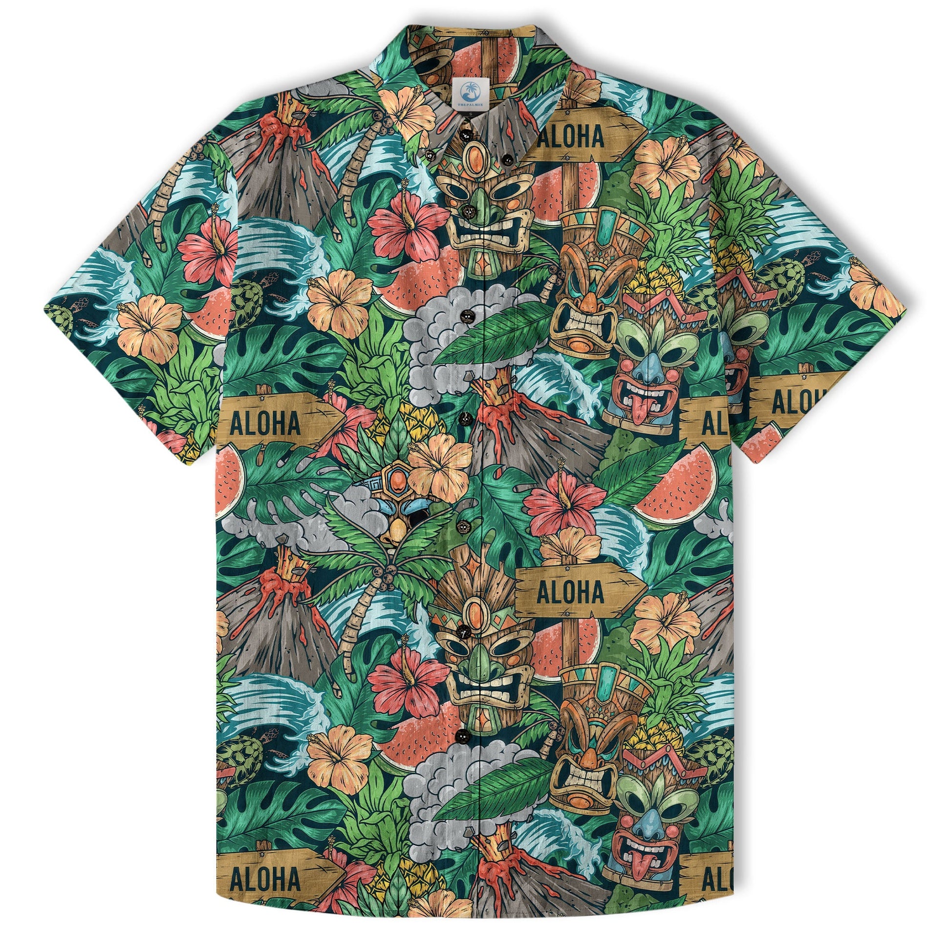 Tiki Mask Pattern Hawaiian Shirt, Aloha Floral Pattern Shirt