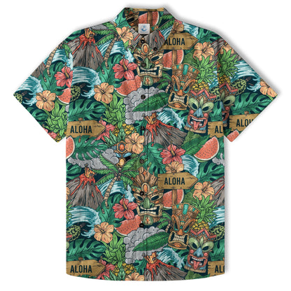Tiki Mask Pattern Hawaiian Shirt, Aloha Floral Pattern Shirt