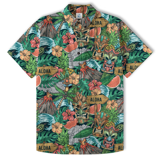 Tiki Mask Pattern Hawaiian Shirt, Aloha Floral Pattern Shirt