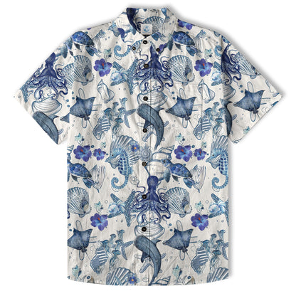 Vintage Ocean Print Hawaiian Shirts for Men Women, Sea Animal Aloha Summer Beach Shirt