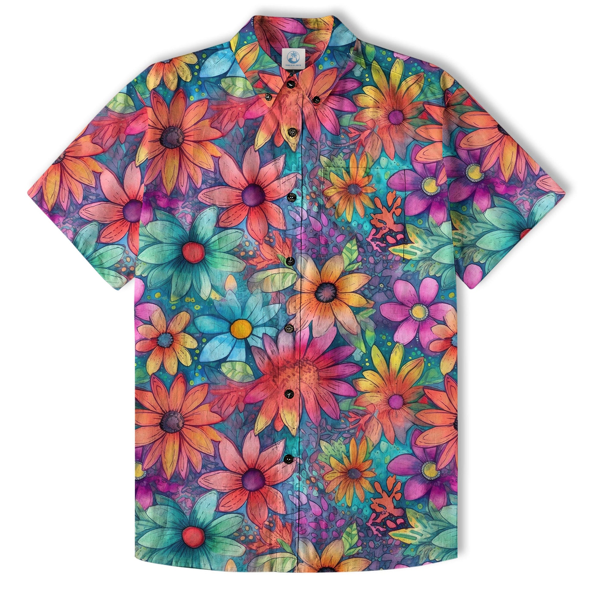 Colorful Hippie Flowers Patterns Hawaii Shirt, Groovy Floral Pattern Hawaiian Shirt for Men Women