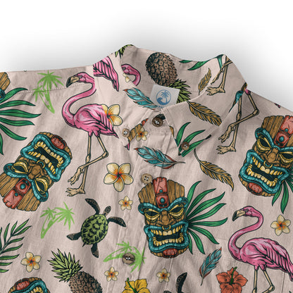 Tropical Tiki Mask Hawaiian Shirts, Flamingo Hawaii Button Down Shirt