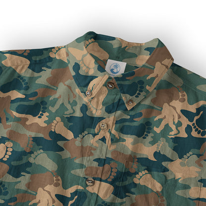 Camo Bigfoot Hibiscus Sasquatch Summer Beach Aloha Short Sleeve Button Down Hawaiian Shirt