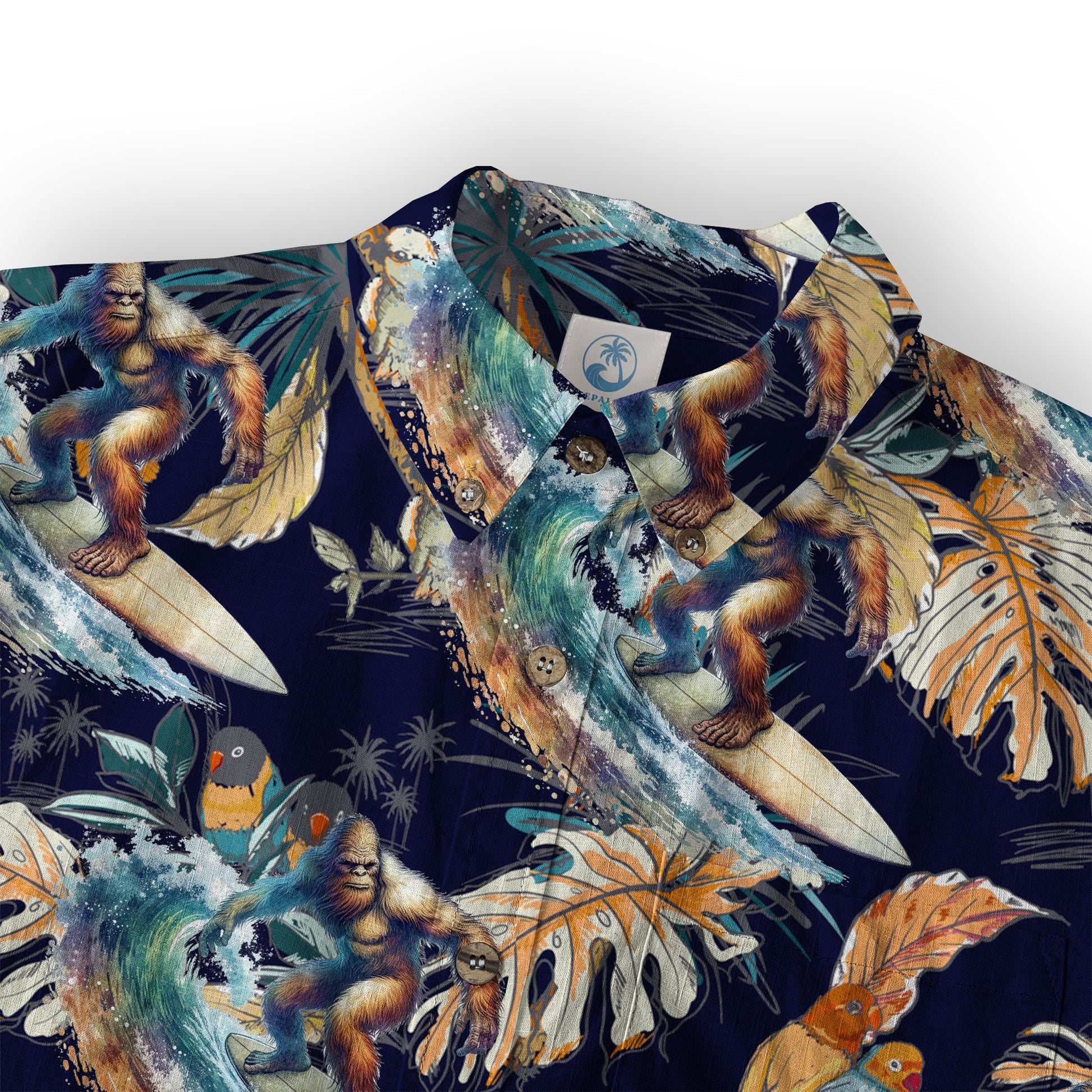 Camo Bigfoot Hibiscus Sasquatch Summer Beach Aloha Short Sleeve Button Down Hawaiian Shirt
