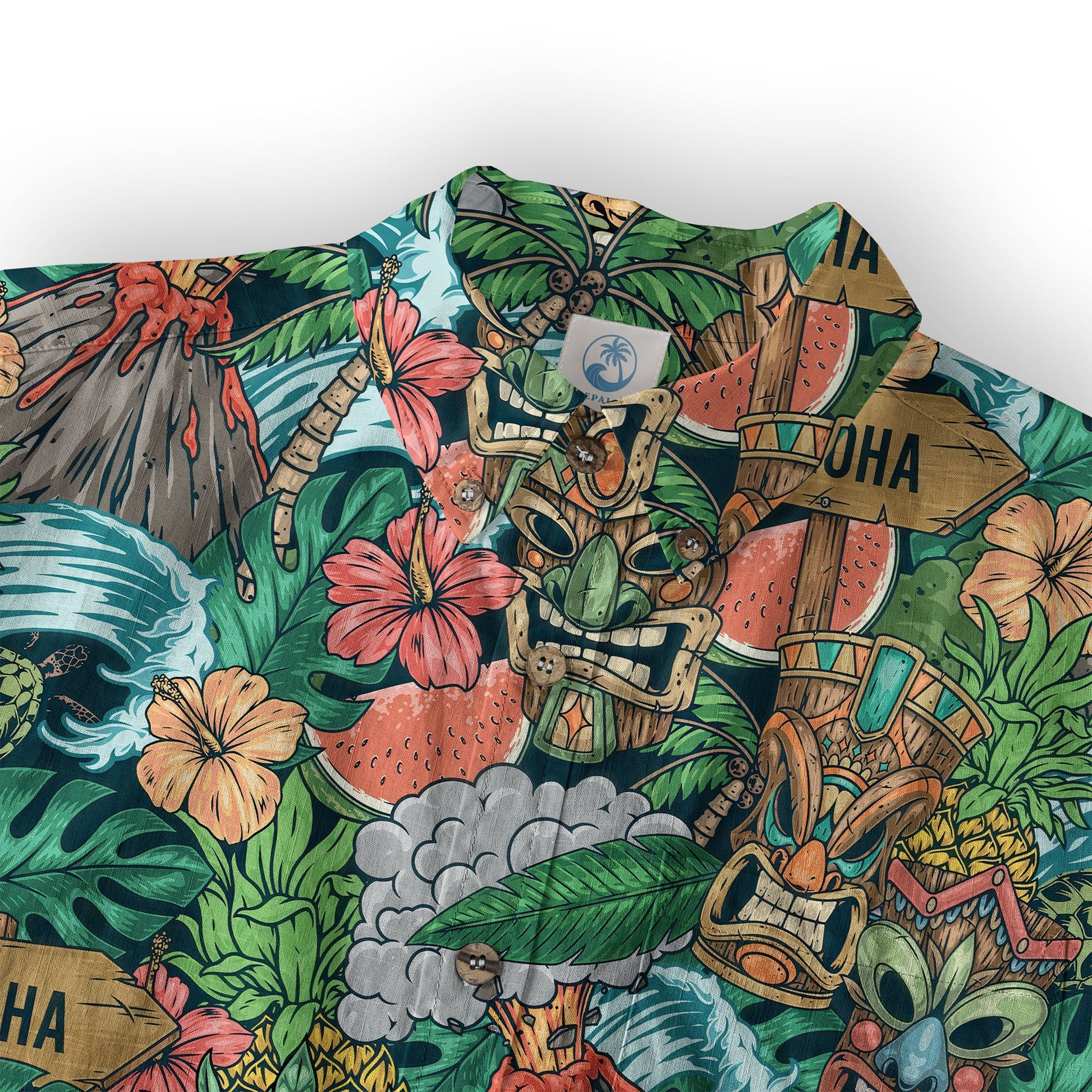 Tiki Mask Pattern Hawaiian Shirt, Aloha Floral Pattern Shirt