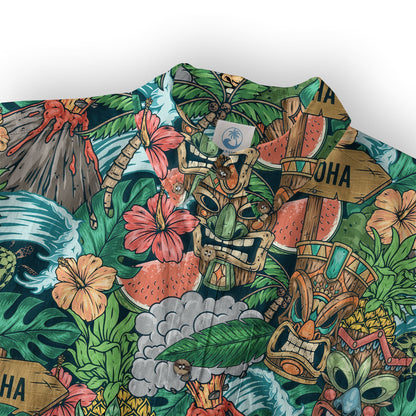 Tiki Mask Pattern Hawaiian Shirt, Aloha Floral Pattern Shirt