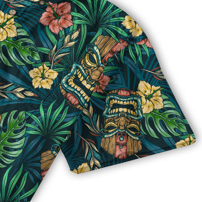 Tropical Tiki Mask Hawaiian Shirts, Flamingo Hawaii Button Down Shirt