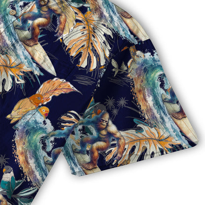 Camo Bigfoot Hibiscus Sasquatch Summer Beach Aloha Short Sleeve Button Down Hawaiian Shirt