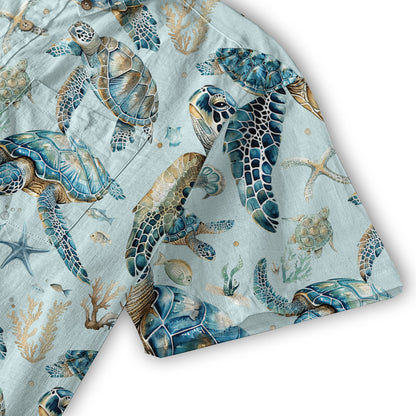 Blue Tribal Sea Turtle Hawaiian Shirt, Aloha Tropical Summer Beach Button Up Shirt