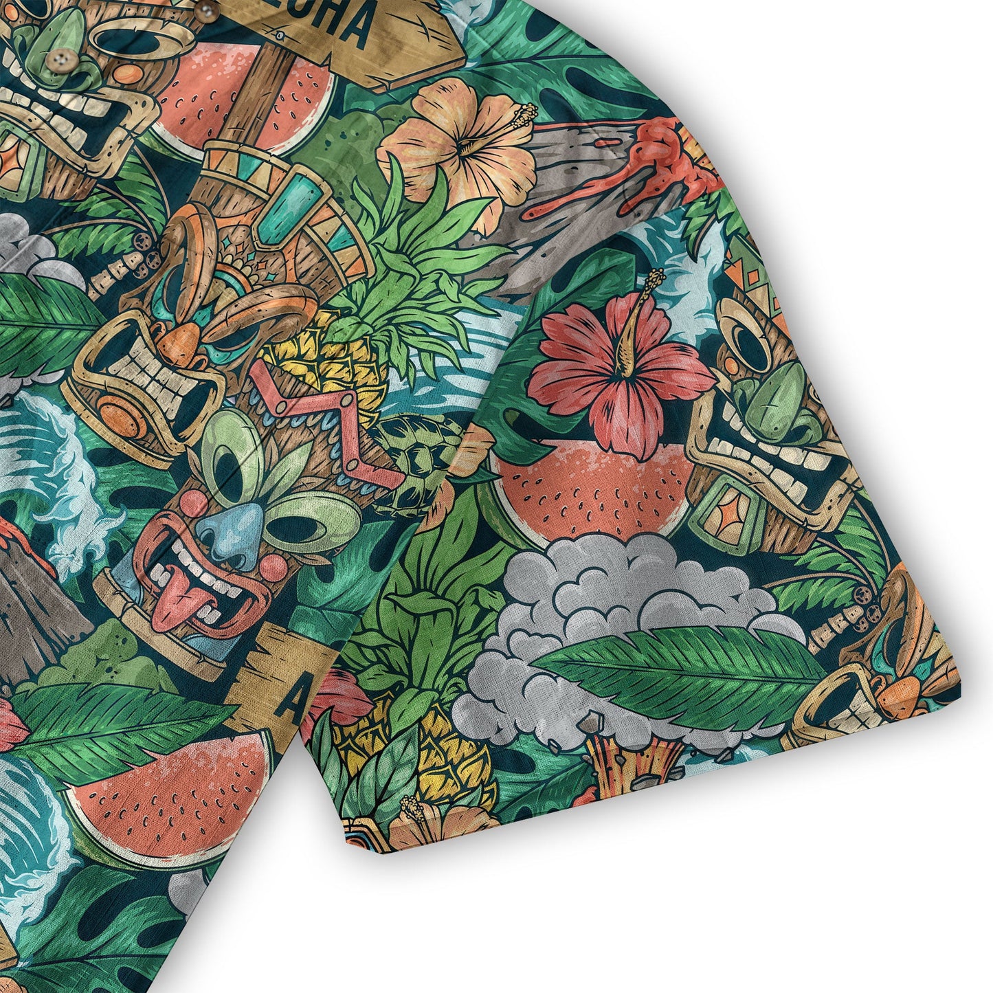 Tiki Mask Pattern Hawaiian Shirt, Aloha Floral Pattern Shirt